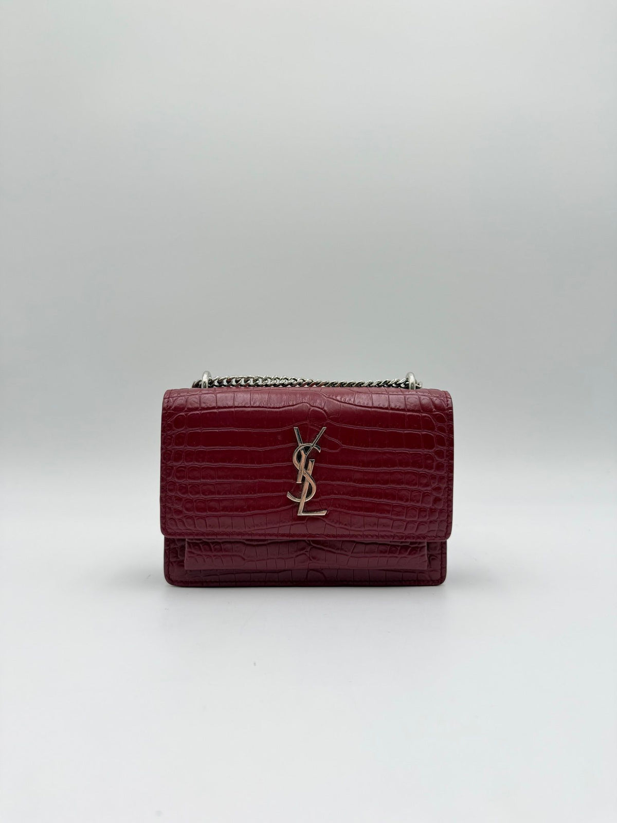 Saint Laurent Sunset Small Burgundy Croc Embossed