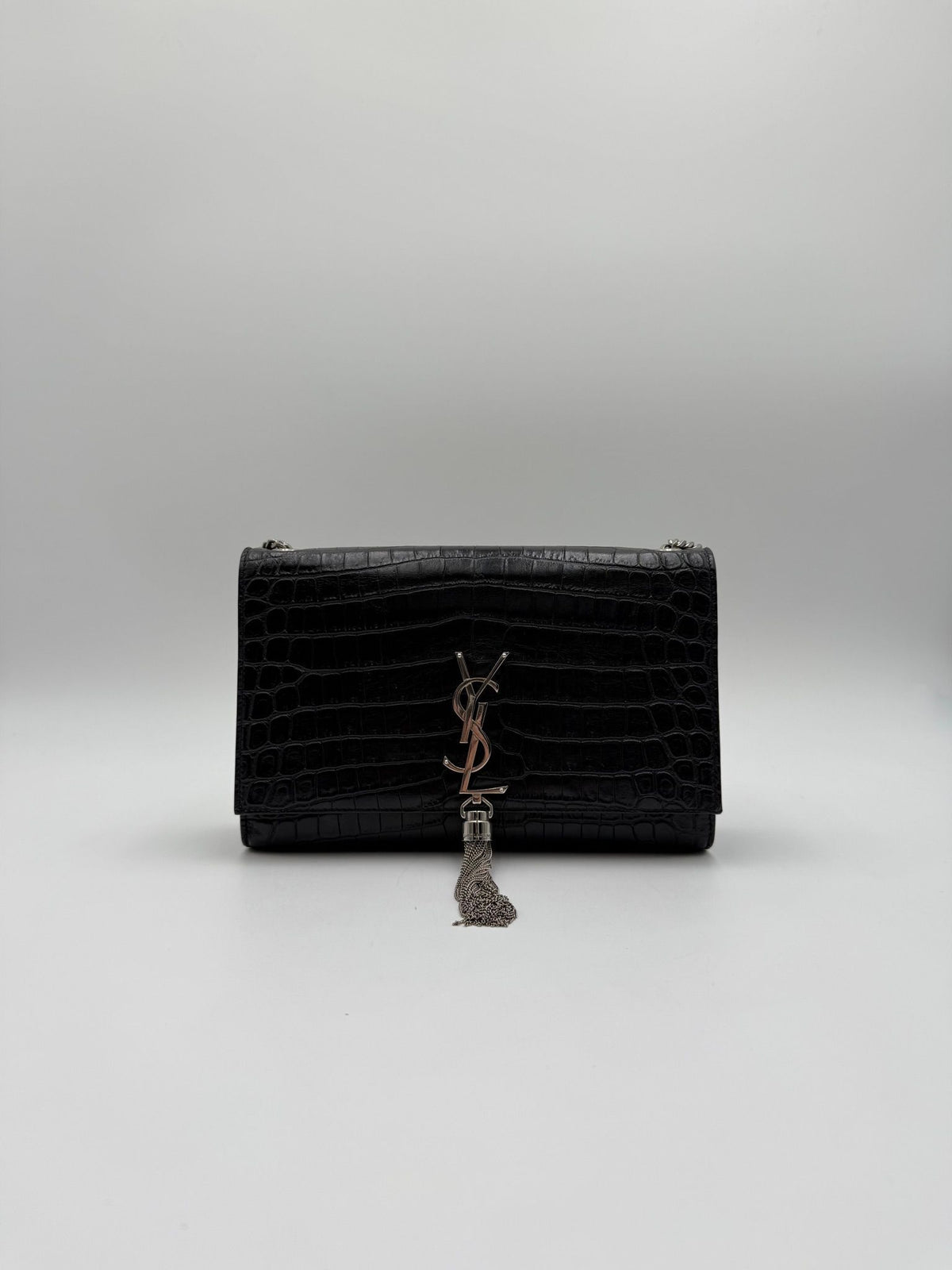 Saint Laurent Kate Tassel Croc Embossed Black