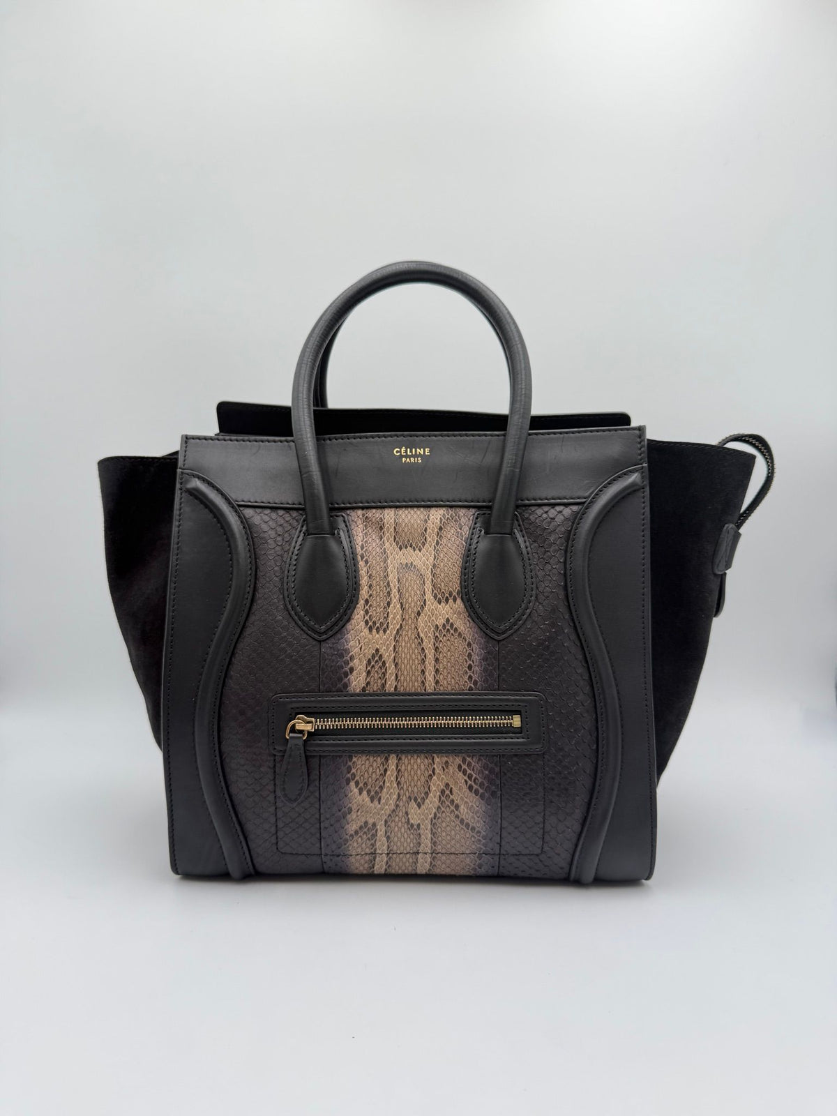 Celine Luggage Mini Python Black Suede