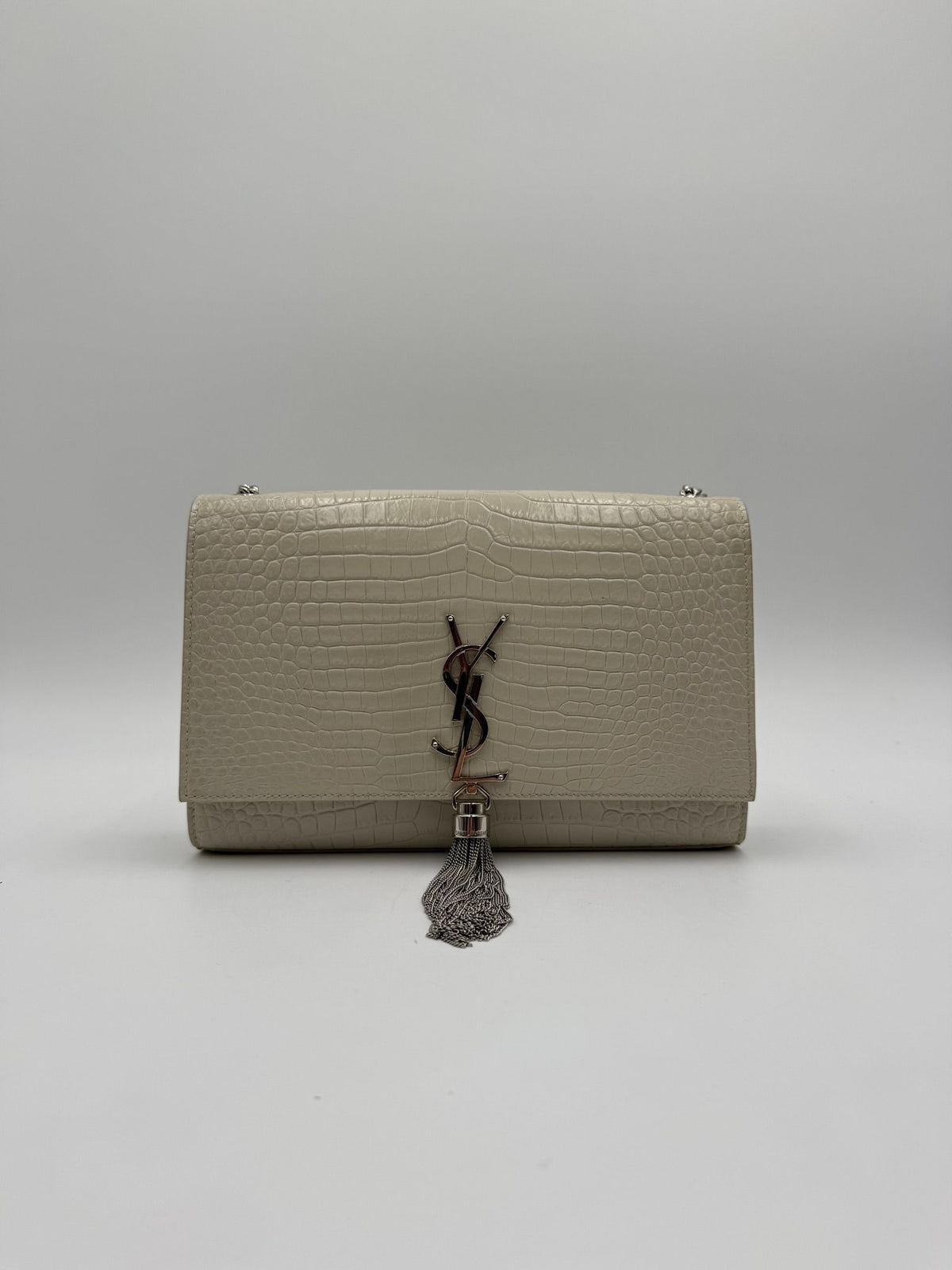Saint Laurent Kate Tassel Croc Embossed White