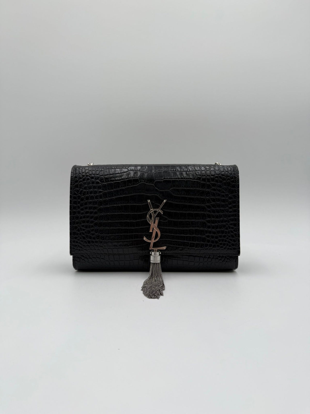 Saint Laurent Kate Tassel Croc Embossed Black